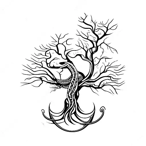 Raven Flying Out Of The Branches Of Yggdrasil And A World Serpent Curling In The Roots