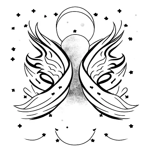 A Minimalist Tattoo Of Angel Wings Morphing Into Kawaii Clouds With Stars Scattered Around Them