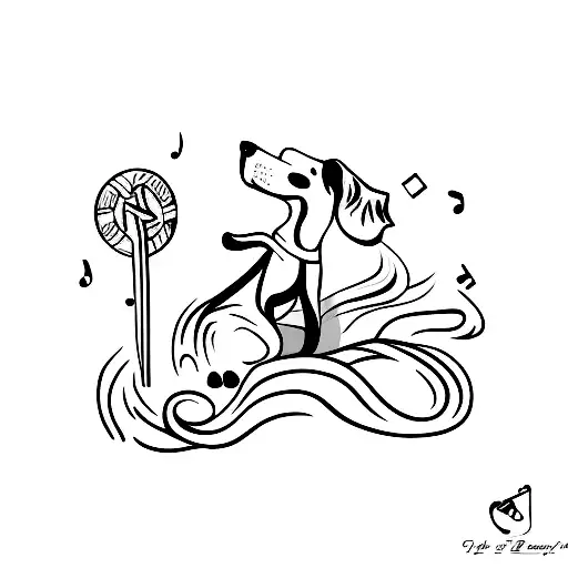 A Simple Outline Tattoo Of A Dog Playing On The Beach With A Music Note In The Background