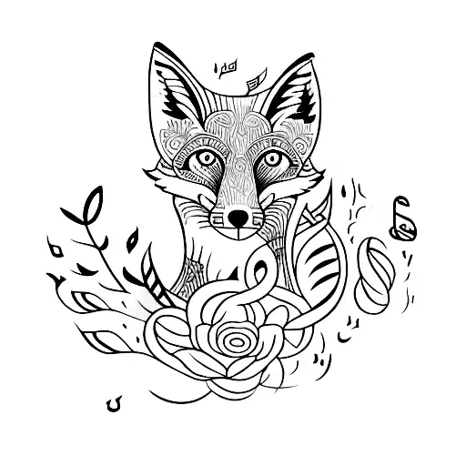 A Minimalist Tattoo Design Of A Fox Surrounded By Musical Notes And Flowers