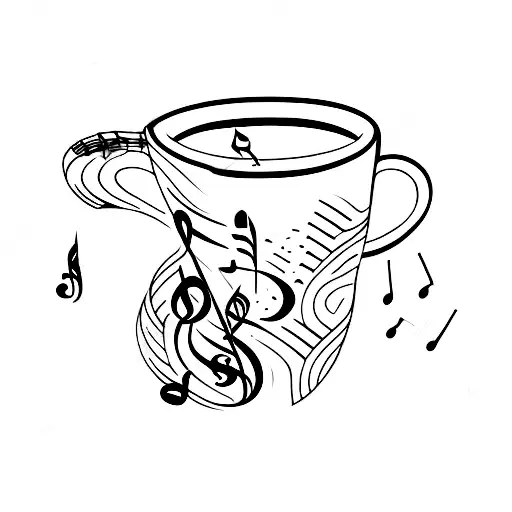A Minimalist Tattoo Design Of A Coffee Cup With Musical Notes Swirling Around It