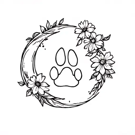 Paw Print With Moon And Flowers