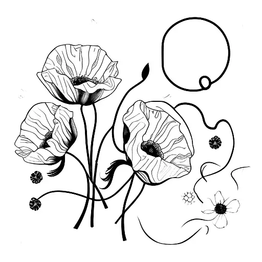 Vine With Poppies And Small Flowers Black And White