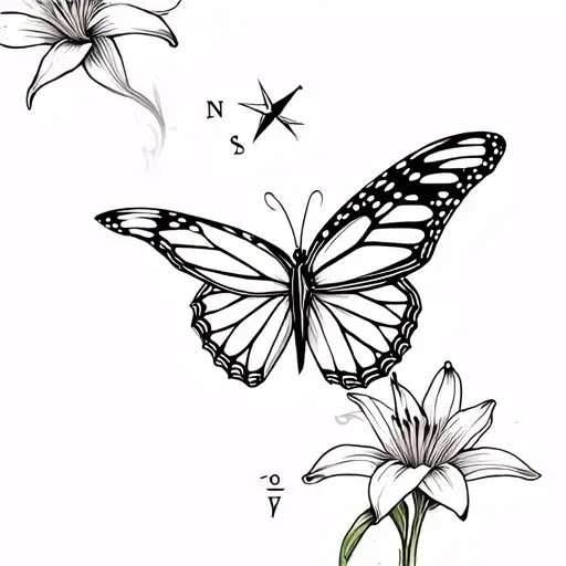 Monarch Butterfly With Compass And Lily Flowers Intertwined