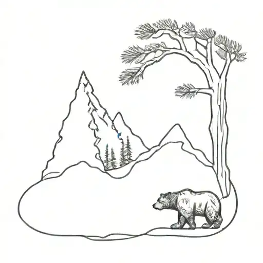 Pine Tree With A Bear And A Mountain With The Outer Contours Of Washington State