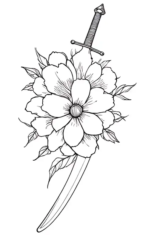 A Minimalist Design Of The Beauty And The Beast Flower Intertwined With A Katana