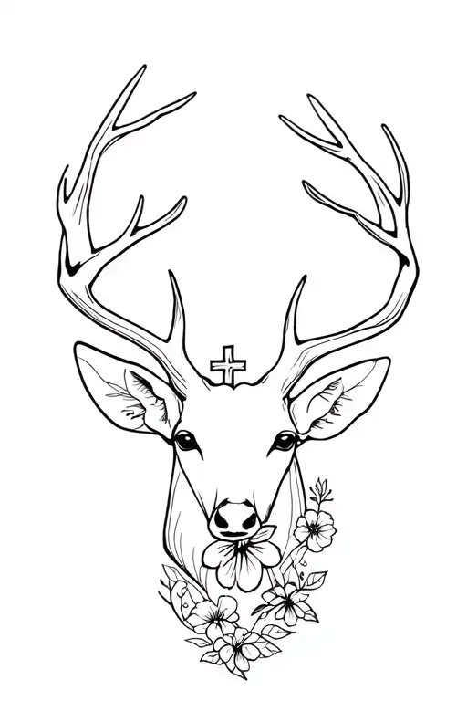 Deer Head With Cross And Flowers