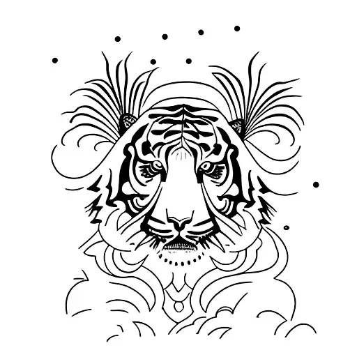 Tiger Head Surrounded With Lily Flowers