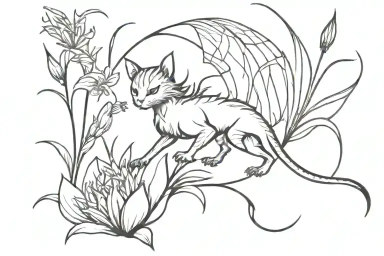 Black Dragon With Black Cat And Red Spider Lily Intertwined