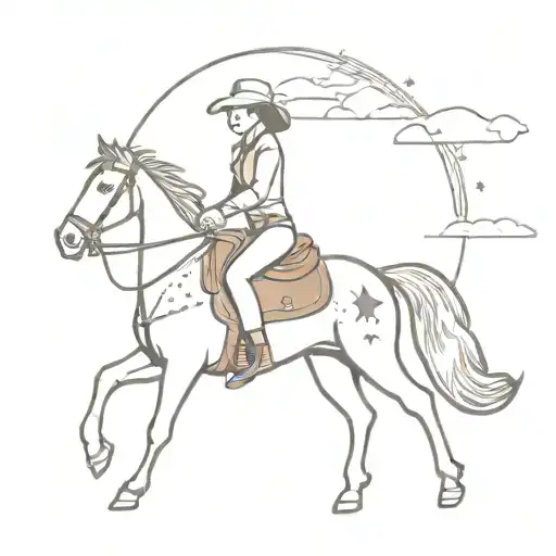 A Female Western Rider With A Star Patterned Saddle Riding Into The Sunset