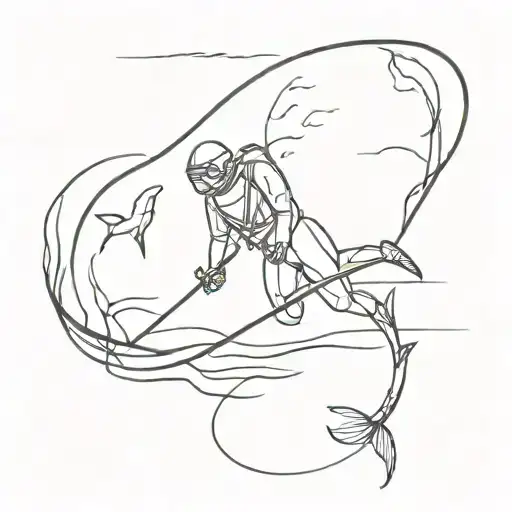 Underwater Hunting Scene With A Spearfishing Diver In The Style Of Minimalist Art