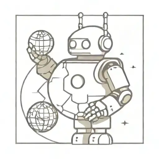 An Anime-inspired Minimalist Tattoo Of A Robot Holding A Globe Symbolizing Travel And Exploration