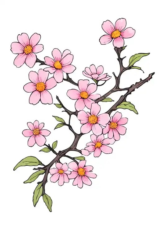 Cherry Blossoms And Daisies On A Vine Intertwined