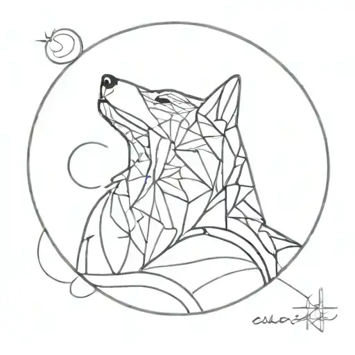 An Abstract Geometric Design Incorporating A Wolf Howling At The Moon Surrounded Star And Moon