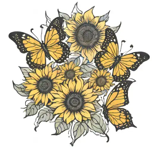 4 Butterflies With Sunflower Intertwined