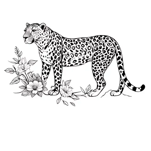 Fine Line Tattoo With A Leopards Full Body And Flowers
