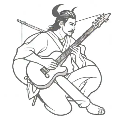 A Minimalist Tattoo Design Of A Samurai Playing A Guitar