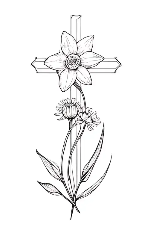 Cross Tatto Fine Line With Daffodil Flower And Aster Flower Wrappped Around It Thin Cross