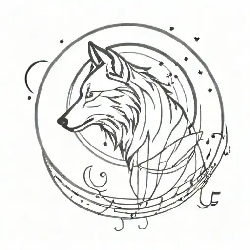 An Abstract Geometric Design Incorporating A Wolf Howling At The Moon Surrounded By Musical Notes