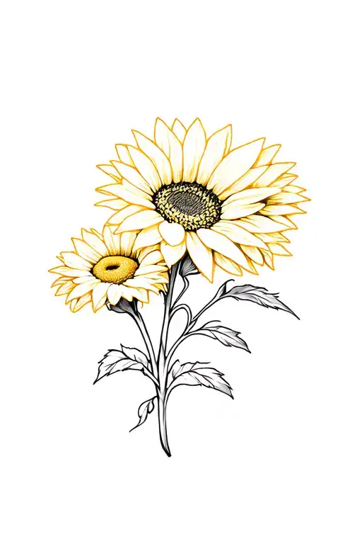 Fine Line Yellow Sunflower And White Daisy Tattoo Design Combining Elements