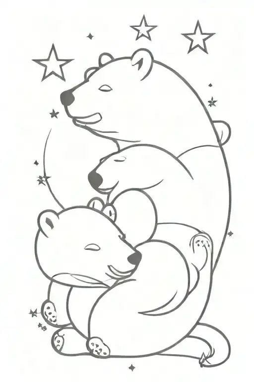 Baby Polar Bear And Baby Pingouin Looking At The Stars
