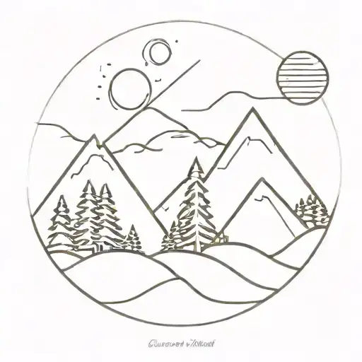 A Whimsical Pine Trees Nestled In The Mountains With A Sun Shining Overhead