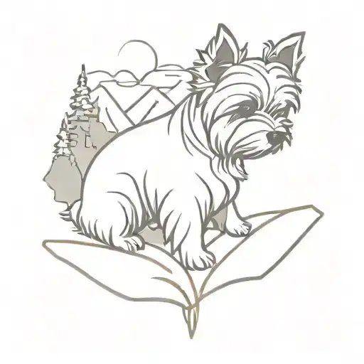 A Minimalist Design Of A Yorkie Dog Reading A Book On Top Of A Mountain