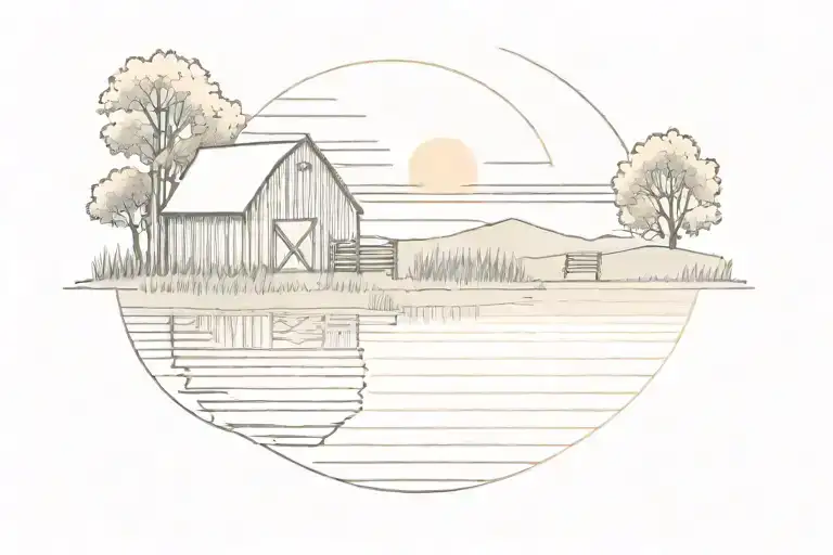 Barn And Bench In Front Of A Sunset Over A Pond Ripples