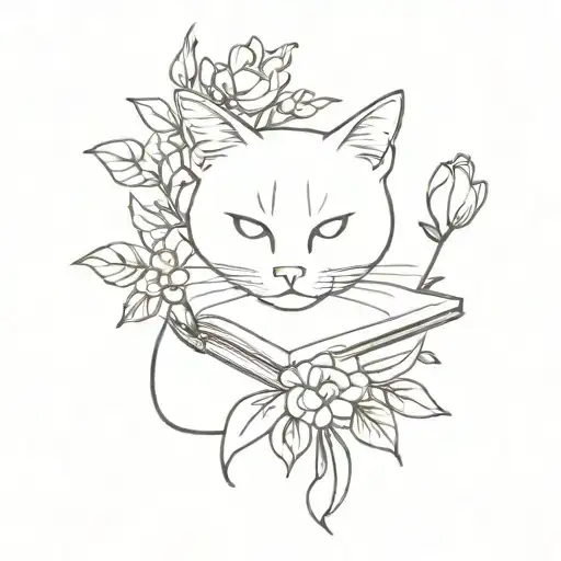 Cat With Book And Flowers