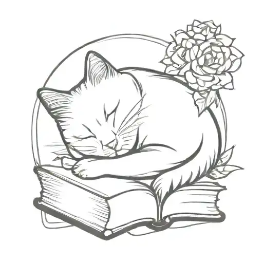 Cat Asleep On Book With Flowers