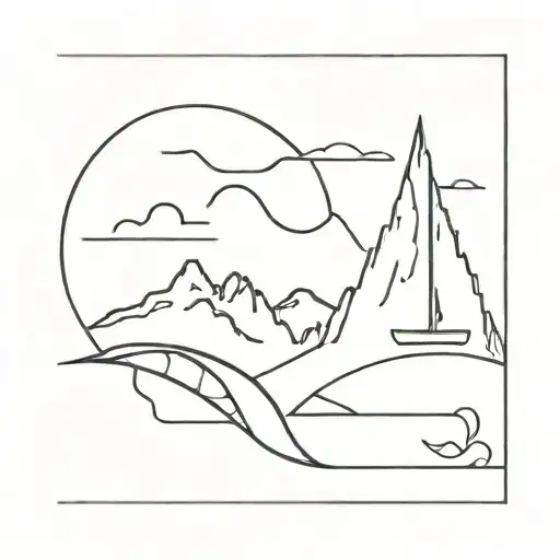 Line Tattoo With Letter S With Mountains And Beaches With Flight