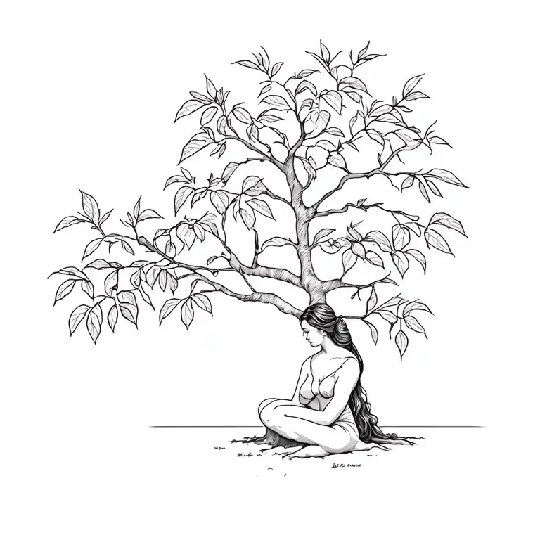 Line Drawing Of Woman Sat At The Base Of A Fig Tree