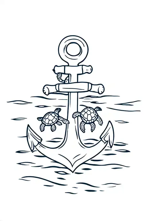 Anchor With 3 Turtles Swimming In The Water