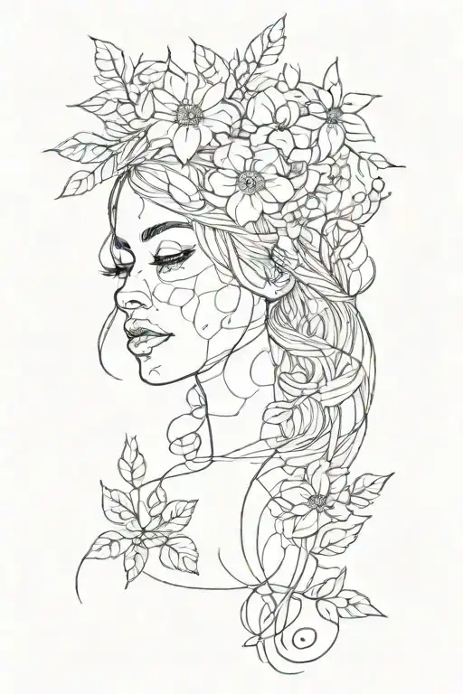 Sad Line Girl With Flowers Growing Out Head