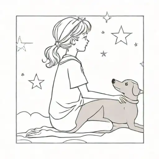 Little Prince Style Girl Sitting Next To Dog Looking At The Stars