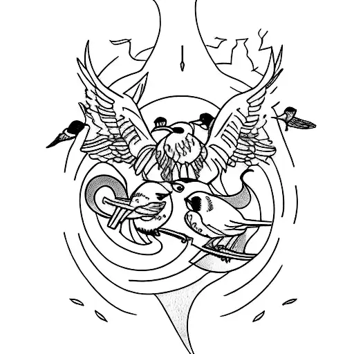 Renaissance Color Tattoo With Birds And Lightning Strikes