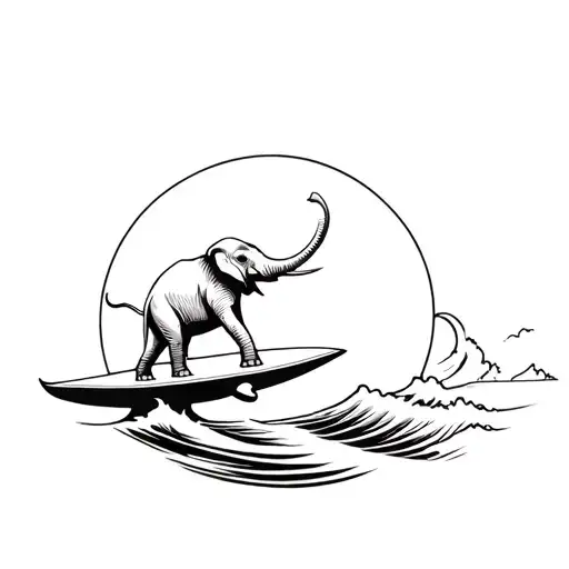 Elephant Riding A Surfboard On A Wave Breaking Small Black And White
