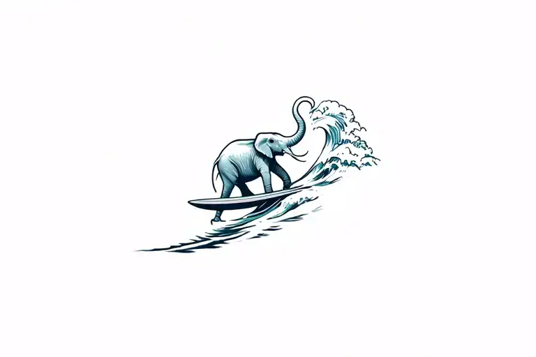 Elephant Riding A Surfboard On A Wave Breaking