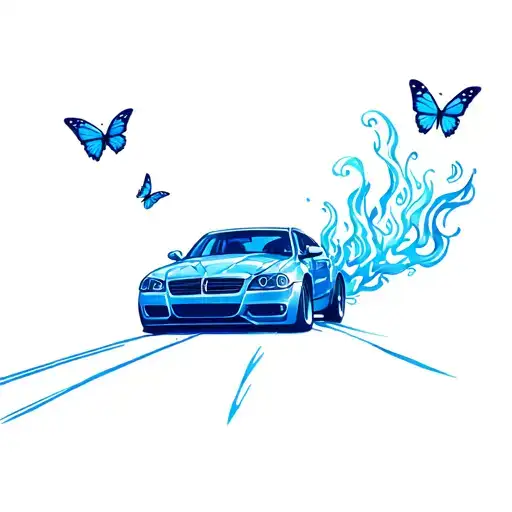 Car Speeding Down The Street That's Blue And The Road Says Burning Blue All With Butterflies Around