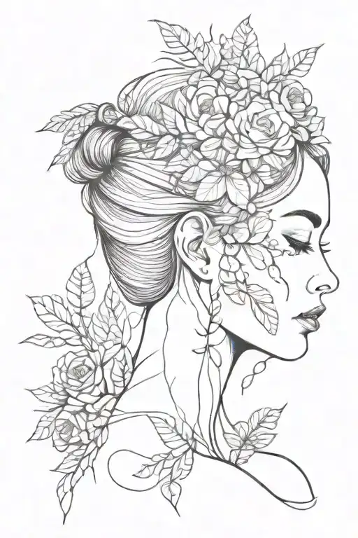 Sad Line Girl With Flowers Growing Out Head