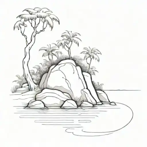 Peaceful Scene Of One Main Rock That You Sit On Nearby Flowing Water In A Jungle