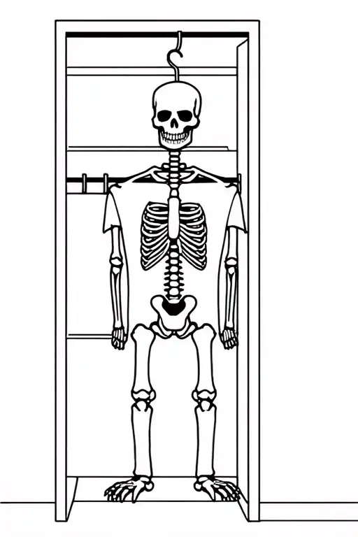 Skeleton Wearing Shirt Hanging By Hanger In Closet