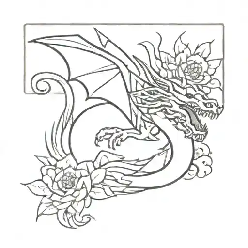 Fine Line Spirit Dragon With Fans And Flowers