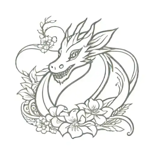 Fine Line Spirited Away Dragon With Fans And Flowers