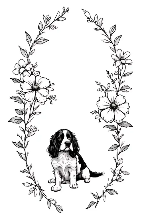 Springer Spaniel And Flowers Intertwined