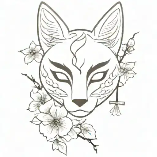 Kitsune Mask With Katana And Cherry Blossom Leaves