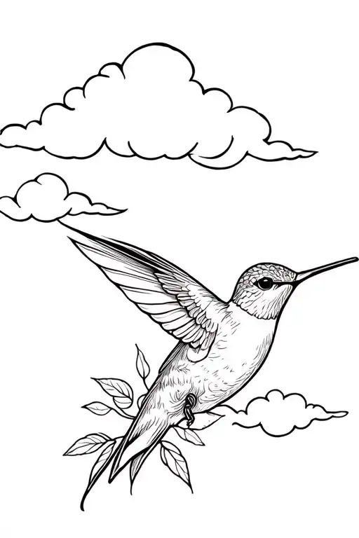 Hummingbird Flying With Floral Design And Fluffy Clouds