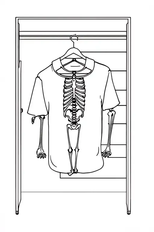 Skeleton Wearing Shirt Hanging By Hanger In Closet
