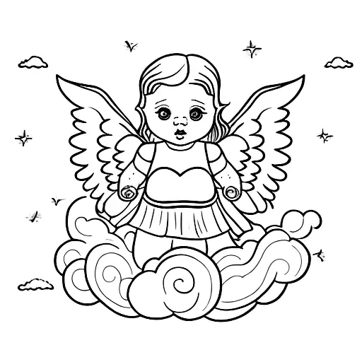 Fine Line Cute Baby Girl Angel On Clouds Incorporating The Sun