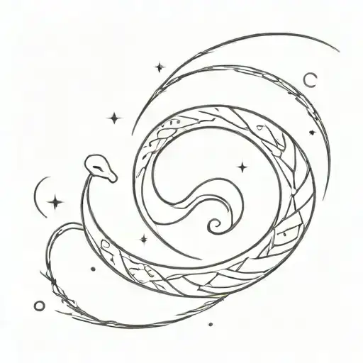 A Minimalist Snake Winding Around A Crescent Moon On A Beach Backdrop